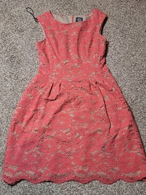 Vince Camuto Floral Peach Color Lace Fit & Flare Dress Size-4 Sleeveless